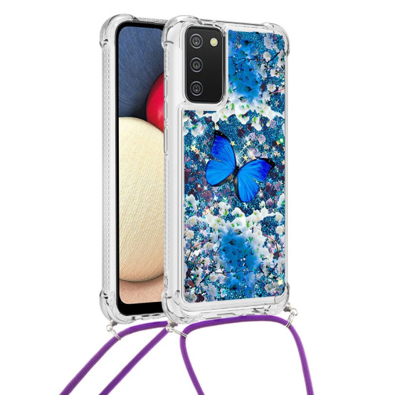 ANTI-DROP LIQUID BLEŠČICE Z VRVICO MODER METULJ OVITEK ZA SAMSUNG GALAXY A02S