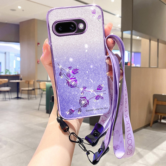 RHINESTONE GLITTER VRTNICA VIJOLIČNI Z VRVICO OVITEK ZA GOOGLE PIXEL 9A