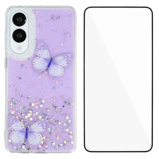 GLITTER BUTTERFLY VIJOLIČEN OVITEK + STEKLO ZA SAMSUNG GALAXY S25 EDGE