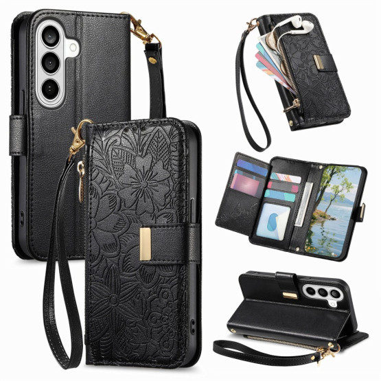 ZIPPER WALLET ODTIS CVETOV ČRN ETUI ZA SAMSUNG GALAXY S26