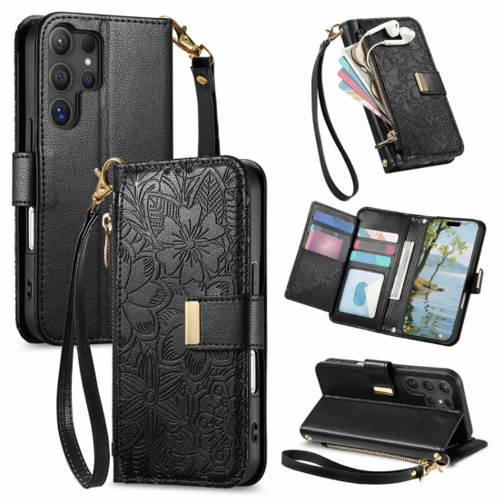 ZIPPER WALLET ODTIS CVETOV ČRN ETUI ZA SAMSUNG GALAXY S26 ULTRA