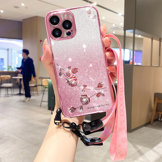 RHINESTONE GLITTER VRTNICA ROSE GOLD Z VRVICO OVITEK ZA APPLE IPHONE 15 PRO