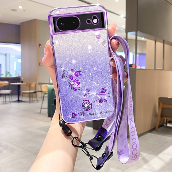 RHINESTONE GLITTER VRTNICA VIJOLIČNI Z VRVICO OVITEK ZA GOOGLE PIXEL 6