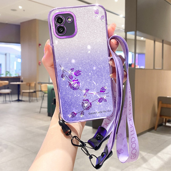 RHINESTONE GLITTER VRTNICA VIJOLIČNI Z VRVICO OVITEK ZA SAMSUNG GALAXY A03