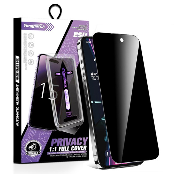 IPHONE 16 PRO MAX FIT KALJENO STEKLO S POTISKOM ČRN - ANTI-SPY - FULL GLUE